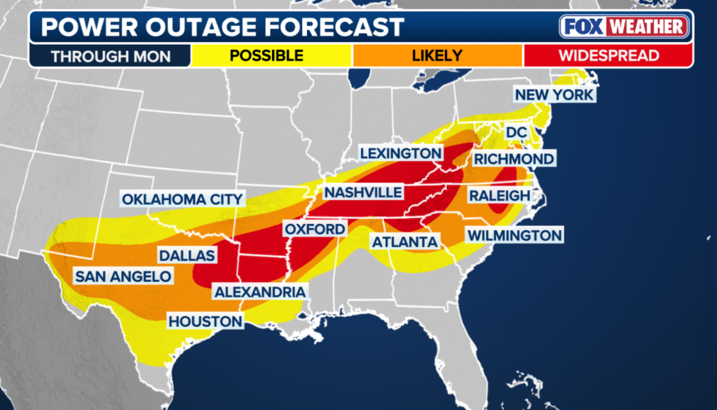 Illustration of a power outage forecast map for the central and eastern US, indicating areas with possible, likely, and widespread outages.